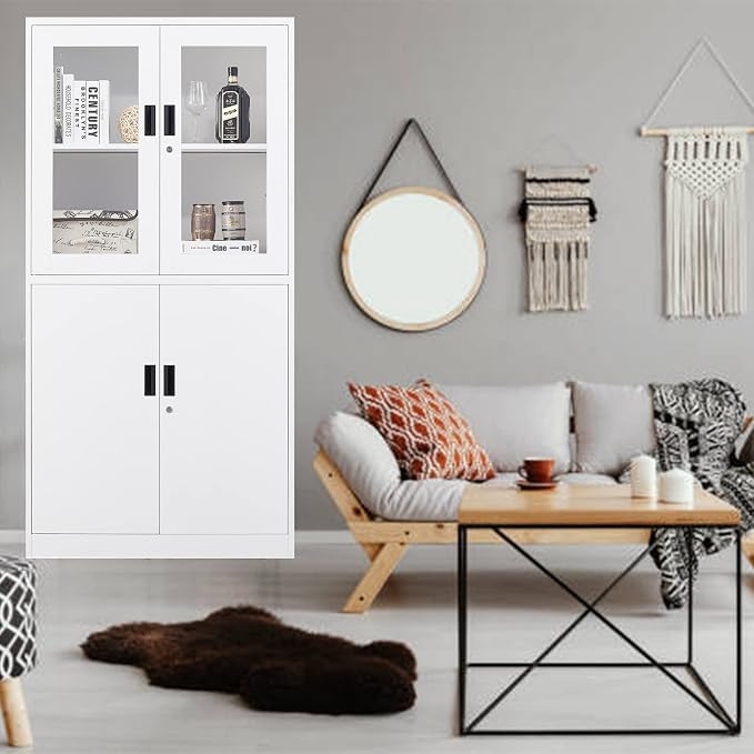 Storage Cabinet with Glass Doors and Shelves, Freestanding Kitchen Pantry Cabinet for Home, Office, Bathroom