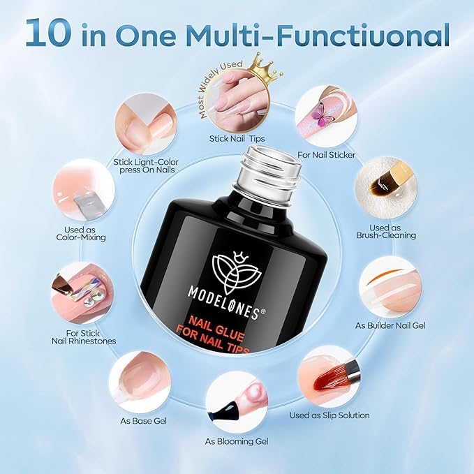 modelones 10 in One X Nail Gel Glue Gel Base Coat Brush On Nail Polish Glue 15ml for Tips, Rhinestones, Blooming Art Gel Kit for Acrylic Tips U V Lamp Needed