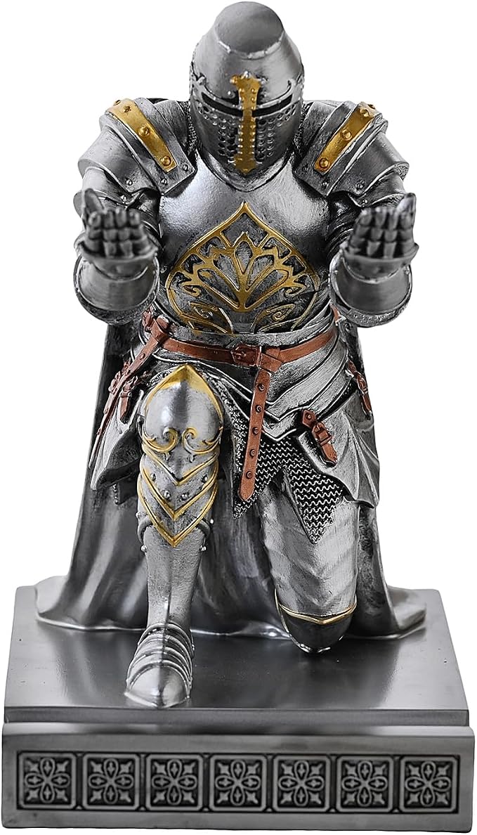Medieval Templar Vanguard Officer Knight Pen Holder Desk Organizers Silver | Pencil Stand Paperweight Desktop Decoration Accessories Cell Phone Stand with a Fancy Sword for Medieval Warrior Enthusiast