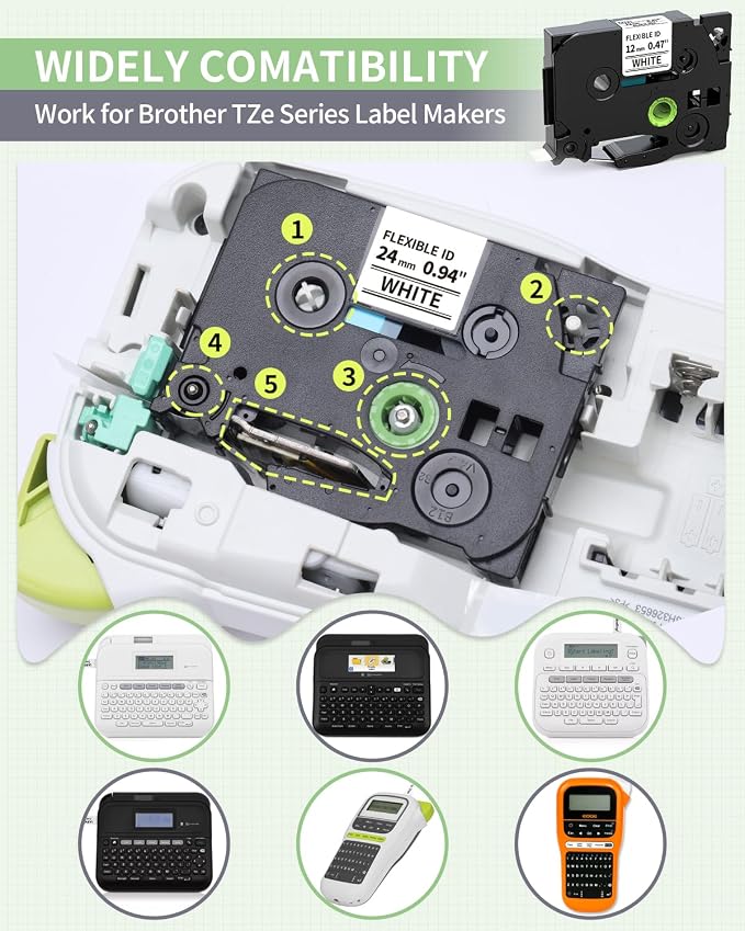 TZE-FX251 Cable Wrap Labels for Ptouch Edge PT-E560BTVP PT-E510VP PT-D600 | PTE500 Label Maker Refills Replace for Brother P-Touch Flexible ID Tape, Tzefx251 24mm 0.94" Laminated White Wire Label, 4PK