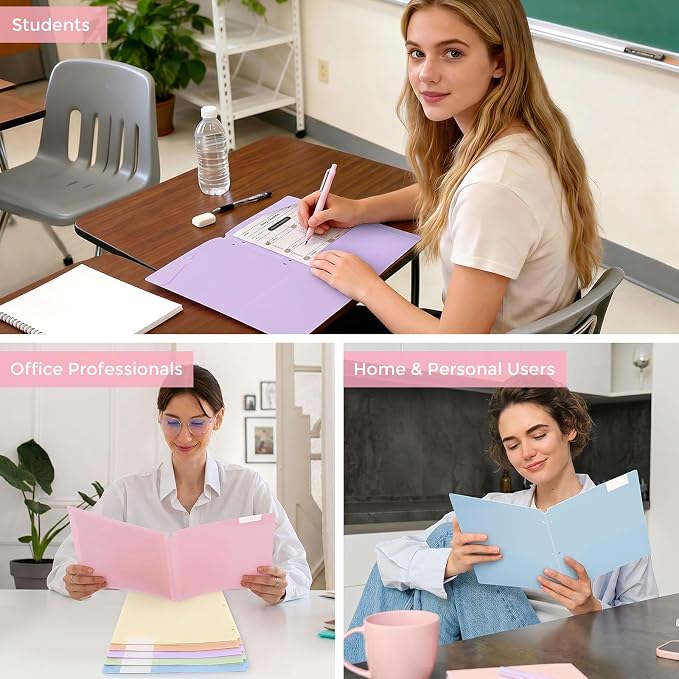 SKYDUE Plastic Folders with Pockets, 6 Pack File Folders with Tabs & Stay-Put Flaps, 3 Hole Punch 2 Pocket Folders for 3 Ring Binder, Letter Size Document Organizer for School Office, Sweet Pastels