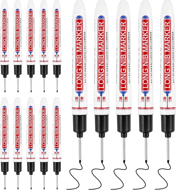 15 Pcs Long Nib Marker, 20 mm Long Head Deep Hole Marker Pens, Fine Nose Tip Deep Reach Permanent Paint Markers for Metal, Marking Pen for Drilling, Carpenter, Woodworking, Construction (Black)