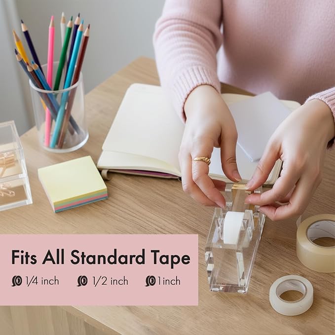 OfficeGoods Acrylic Tape Dispenser, Aesthetic and Compact Design, Gold | Modern desk accessory for office, Heavy duty refillable tape holder for crafting, Stylish desktop accessory for gift wrapping
