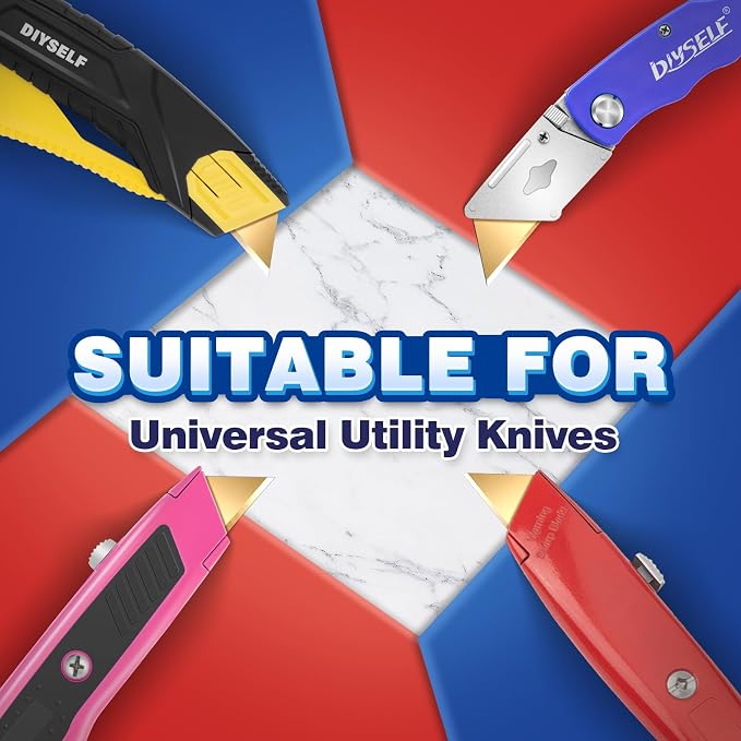 DIYSELF 50 Pack Utility Blades, SK2 Steel Carpet Knife Blades for Cutting | Standard-Size Refills, Box Cutter Blades for Cartons and Leather, Razor Blades for Warehouses, Offices and Home Projects