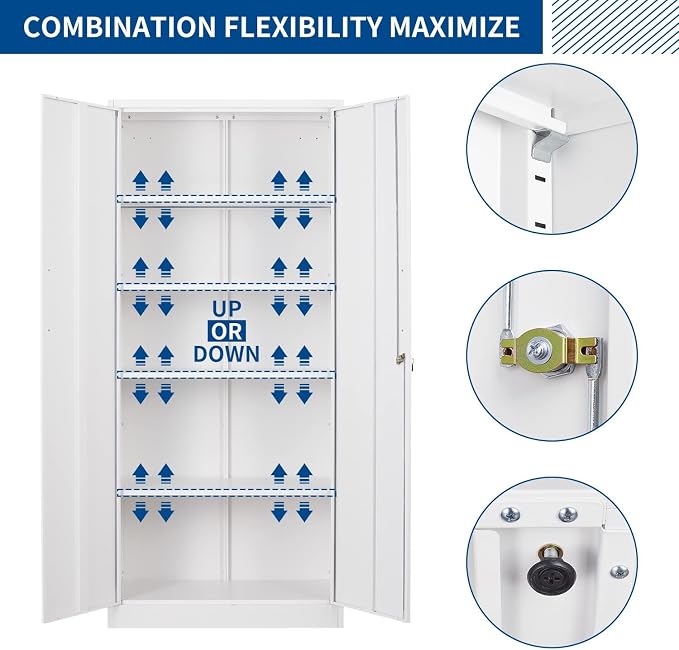 Fesbos Metal Storage Cabinet-71” Tall Steel File Cabinets with Lockable Doors and Adjustable Shelves-White Steel Storage Cabinet for Home, School, Office, Garage