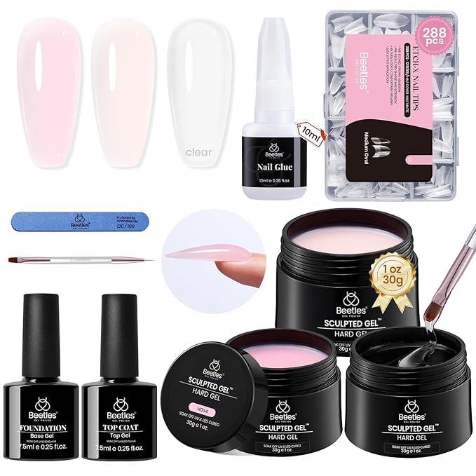 Beetles Hard Gel Nails Kit,3 Colors Clear Nude Pink Sculpted Gel Nail Extension Sculpting High Hardness for Salon Pros Women,Nude Pink & Clear Builder Nail Gel with Medium Oval Tips UV & LED Cured