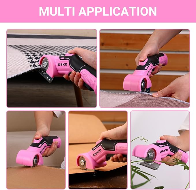 Cordless Electric Scissors Cardboard Cutter: DEKOPRO 4V 2000mAh Electric Box Cutter, Rechargeable Power Rotary Cutter with Safety Lock, 389g Carpet Cutter with 2 Blade, Type-C Charging(Pink)