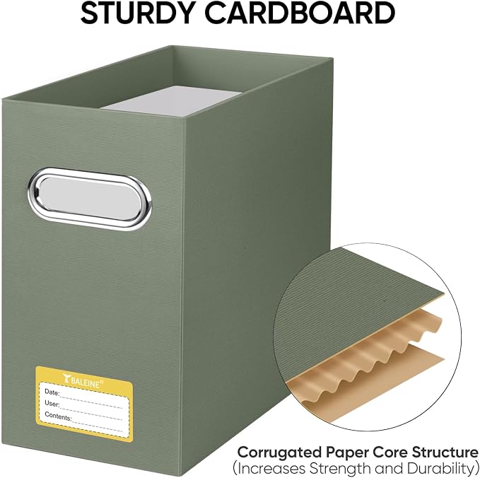 BALEINE File Organizer Box, Cardboard File Folder Organizer with Handle for Letter Size, Portable Collapsible Hanging Filing Box for Home Office Document Storage (2 Pack,Olive)