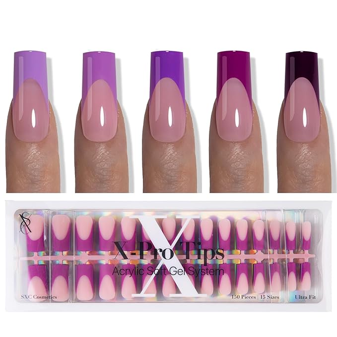 SXC Cosmetics French Tip Press On Nails 150 Pieces in 15 Sizes Ultra Fit with Pre-applied Tip Primer and Base Coat, No Need to File Fake Nails for Nail Art DIY X-Pro Tips (5PURPLE117-M Square)