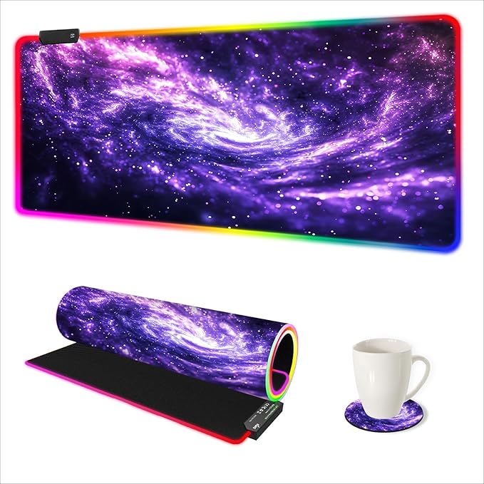 AIMSA RGB Mouse Pad LED Gaming Mouse Pad with 14 Lights Modes, Non-Slip Rubber Base Computer Carpet Desk Mat for PC Laptop (35.4 x 15.8 inch) Purple Blue Nebula