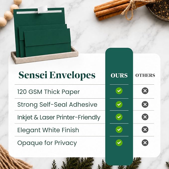 110 5x7 Pine Green Invitation Envelopes - for 5x7 Cards - A7 - (5 ¼ x 7 ¼ inches) - Perfect for Weddings, Graduation, Baby Shower - 120 GSM - Peel, Press & Self Seal - Square Flap