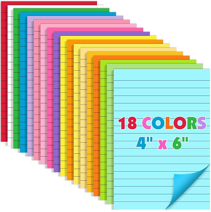 18 Pads Lined Sticky Notes, 18 Colors 4in x 6in Self Stick Note Pads, Strong Adhesive Sticky Note with Lines, Large Sticky Notes for School, Home, Office, 24 Sheets/Pad