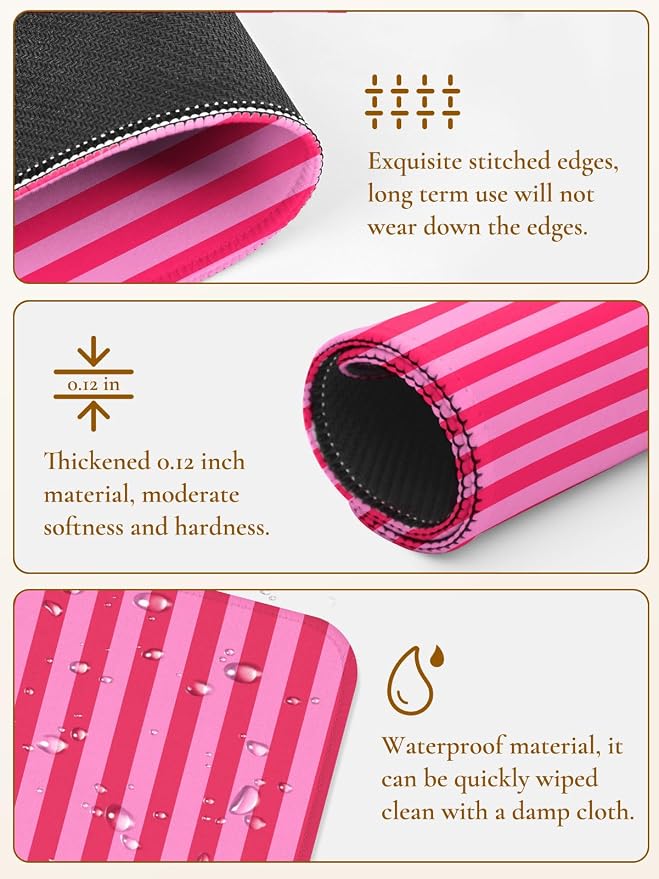 Square Cute Striped Mouse Pad with Stitched Edge, Premium Waterproof Cloth Aesthetic Small Stripe Mouse Mat, Non-Slip Rubber Base Funny Mousepad Desk Accessories,Striped Hot Pink