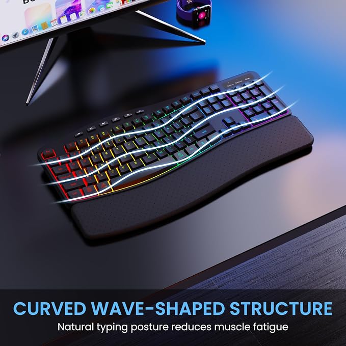RGB Wireless Keyboard Mouse Combo with Ergonomic Wave, Silent Rechargeable | Soft Leather Wrist Rest, Light up Letter, 15 Lighting RGB Backlit, 3200 DPI 2.4G Mouse for PC Computer Laptop Windows Mac