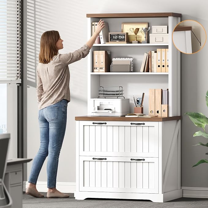 SEDETA 2 Drawer Filing Cabinet, Farmhouse File Cabinet for Home Office with Storage Shelves, Wood Tall Office Filing Cabinet fits Letter, Legal, A4 Size, Lateral File Cabinets with Bookshelf, White