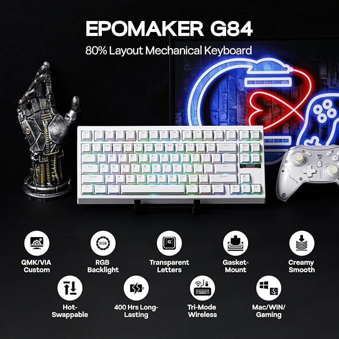 EPOMAKER G84 80% RGB Gaming Mechanical Keyboard with Shine Through Keycaps | 2.4GHz/ Type-C/BT Wireless Keyboard, VIA Programmable, Hot-Swap, Creamy Keyboard for Gamers/Office(White, Creamy Jade Switch)