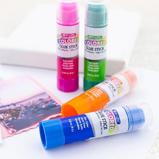 BAZIC Products Washable Colored Glue Stick 8g/0.28 Oz, All Purpose Acid Glue Sticks for Kids Photos Paper Kids at School Home Office (4/Pack), 144-Pack