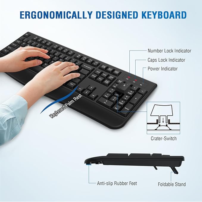 Wireless Keyboard and Mouse Combo, Full-Sized 2.4GHz Comfortable Palm Rest and Optical Wireless Mouse for Windows, Mac OS PC/Desktops/Computer/Laptops(2 Pack)