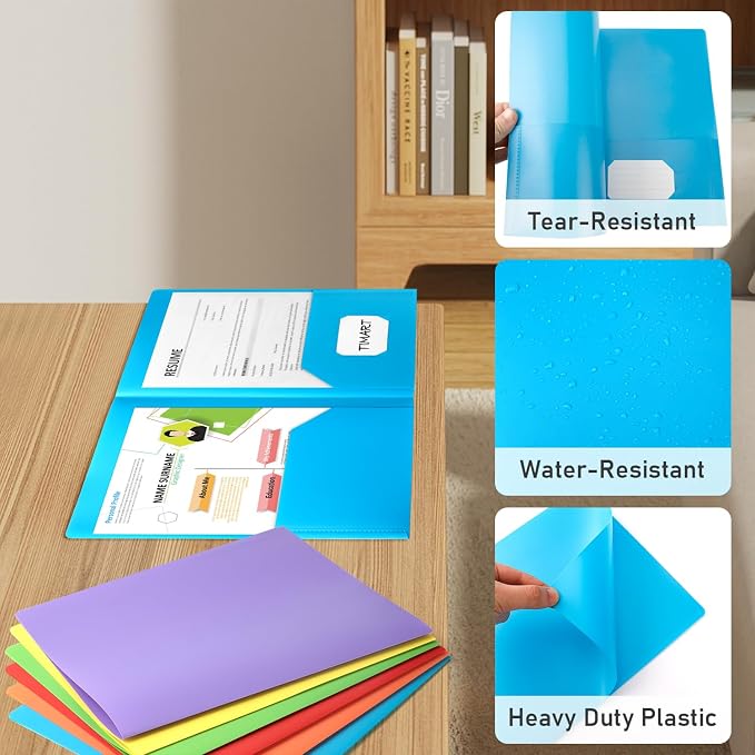 Timart Folders with Pockets, 2 Pocket Folders 18 Pack | Heavy Duty Plastic, Fit Letter Size Paper, Water and Tear-resistant, Colored Folders for School Office Home Bussiness