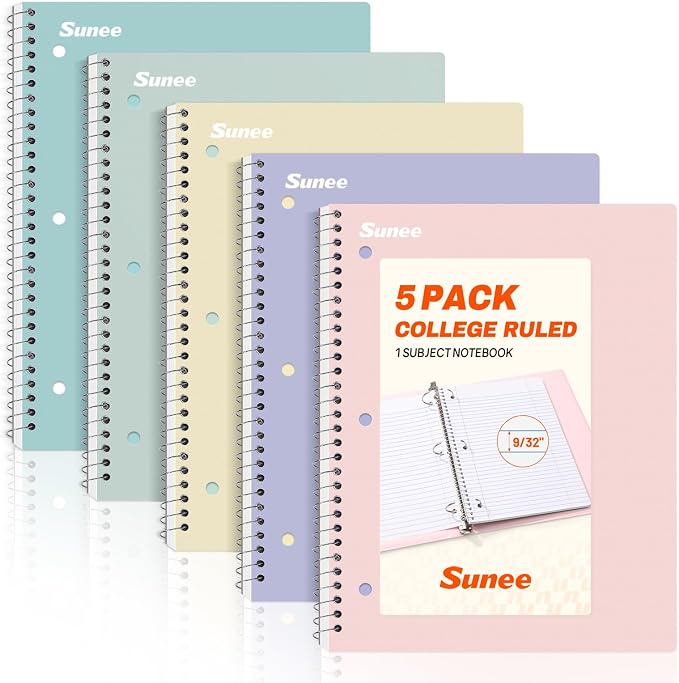 SUNEE Spiral Notebooks, 1-Subject, 5 Pack, College Ruled Paper, 8" x 10-1/2", 70 Sheets per Notebook,3-Hole Punched Paper, Pink,Purple, Blue, Green, Yellow Spiral Lined Notebooks for School,Work