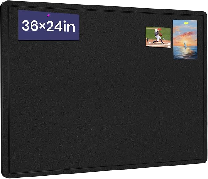 Bulletin Board 36" x 24" Felt Cork Board - Decorative Pin Board, Black | Cork Board Alternative for Wall, Foldable Self-Adhesive Vision Board Prayer Board with Pushpins for Home Office Classroom