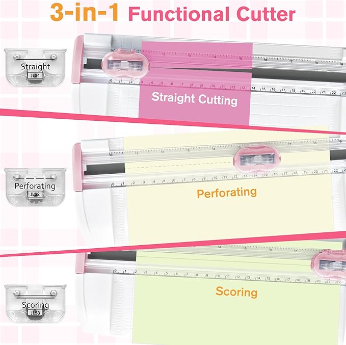 Meafeng 3-in-1 Paper Trimmer with Straight, Scoring & Perforating Blades, 9" A5 Cutter for Crafting, Scrapbooking, Cardstock, Labels & Home Office Use – Compact & Portable (Pink)