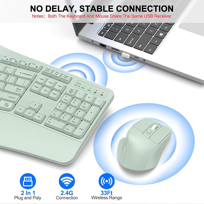 Wireless Keyboard and Mouse Combo, 2.4G Ergonomic Wave Key(Avocado Green) | Full Size Wave Keyboard with Wrist Rest, 3-Level DPI Adjustable Ergonomic Mouse for Windows and Mac OS Desktop/Laptop/PC