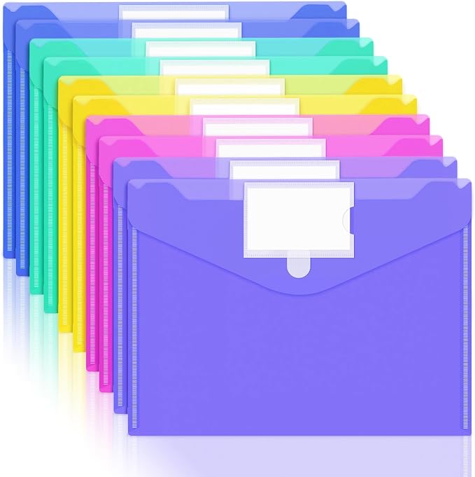 10 Pack Plastic Envelopes File Folders, Plastic Filing Folders A4 Pouch | Safe Closure, Colored Folder for Documents Letter A4 Size with Label Pocket, Office Teacher School Supplies Storage