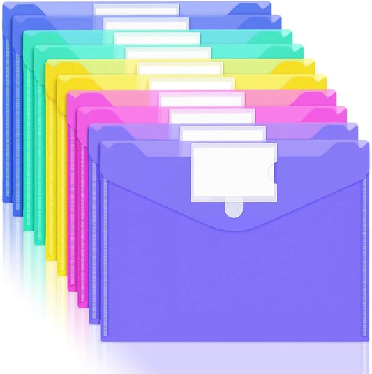 10 Pack Plastic Envelopes File Folders, Plastic Filing Folders A4 Pouch | Safe Closure, Colored Folder for Documents Letter A4 Size with Label Pocket, Office Teacher School Supplies Storage