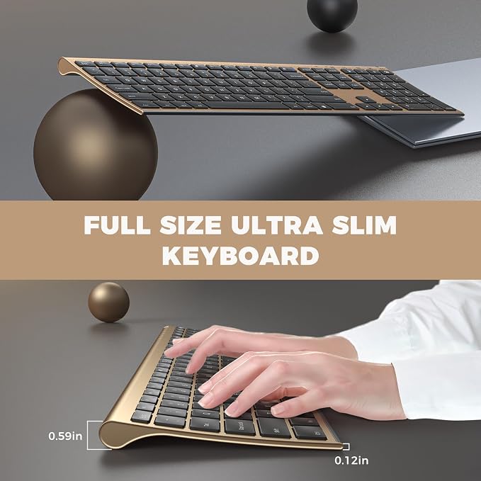 Vssoplor Wireless Keyboard and Mouse, Rechargeable Ultra Slim, Black Gold | Quiet Full-Size Keyboard and Mouse Combo Set, for Laptop, PC, Notebook, Desktop, 2.4GHz Stable Connection, Ideal for Office