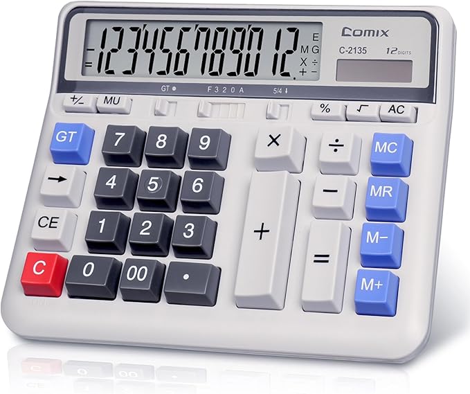 Comix Desktop Calculator, 12 Digits Large Button Desk Calculator, White | Solar Battery Dual Power, Large LCD Display, Computer Keys, 4 Function Basic Calculator for Office Business Home Use