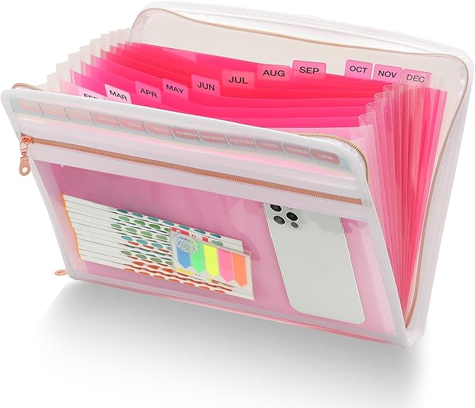 H4D Accordion File Organizer, 13 Pocket Expanding File Folder, Pink | Zippered, Front Clear Pouch, Letter Size Paper, A4 Paper, Fit for Documents