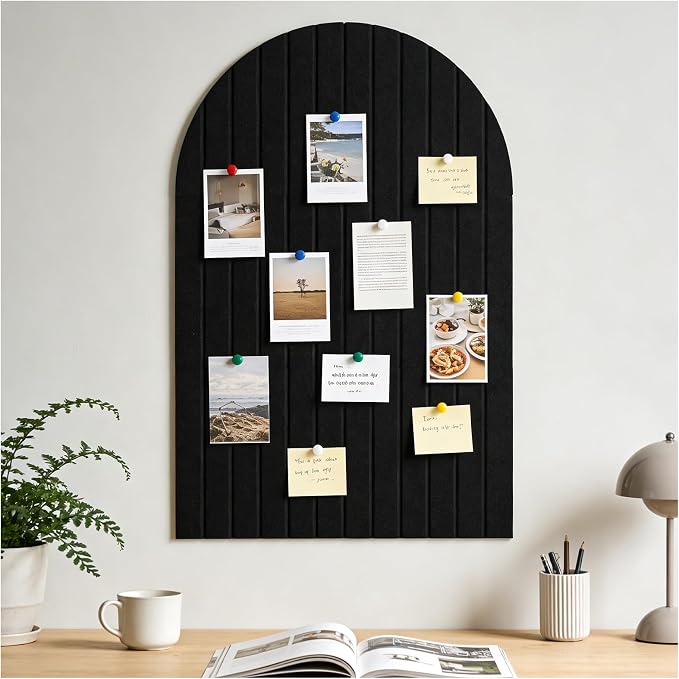 Arched Felt Bulletin Board (Black), 35"x24" Large Wall Decor | 6 Pcs Self-Adhesive Tiles with Push Pins, Felt Cork Board Alternative for Home Office Classroom Decor