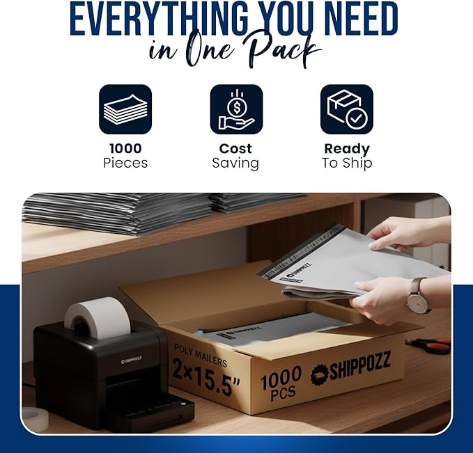 Shippozz 12x15.5 Poly Mailers 1000 Pack, Durable Waterproof Polymailers for Shipping Clothes, Self Seal Mailing Bags for Small Business Packaging Supplies, Mailing Envelopes for Books, and Accessories