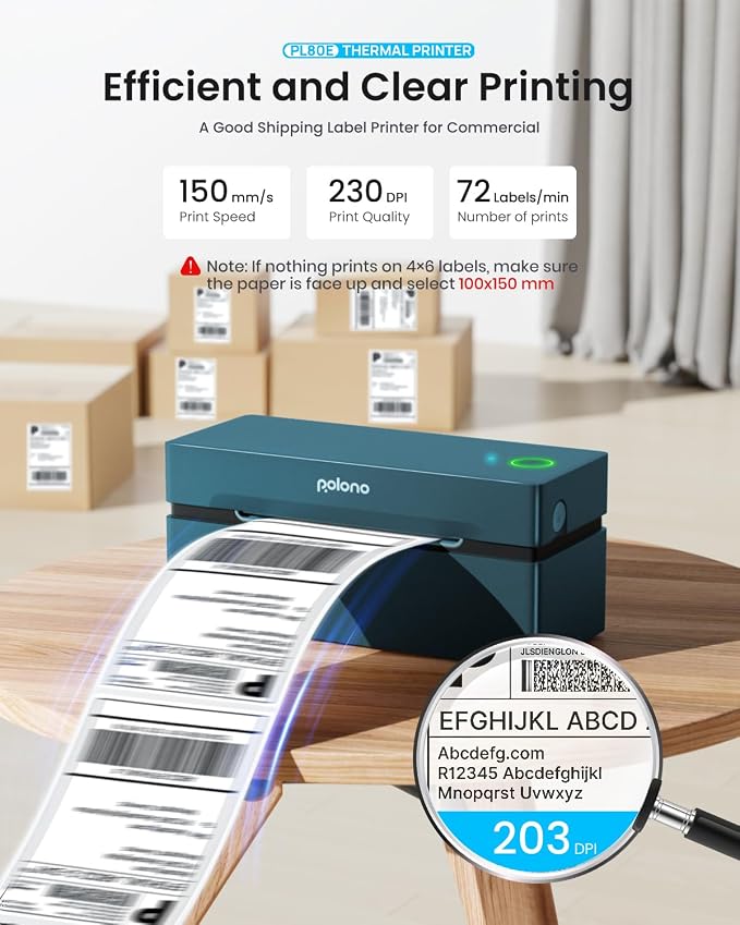 POLONO Bluetooth Thermal Shipping Label Printer, 4x6 Label Printer for Shipping | Good Quality, Faster Speed, High-Efficiency, Easy to Use, Wireless 4x6 Shipping Label Printer for Amazon, Etsy, USPS, Shopify