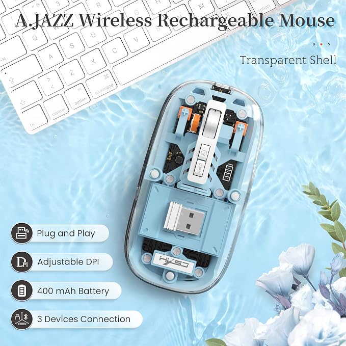 AJAZZ Wireless Bluetooth5.1&2.4G Mini Lightweight Mouse,Transparent Clear Cool,Rechargeable Silent Computer Mice,Nano USB C Receiver,LED Battery Magic Silm for Office/PC/Mac/Laptop/Apple/ipad(Blue)