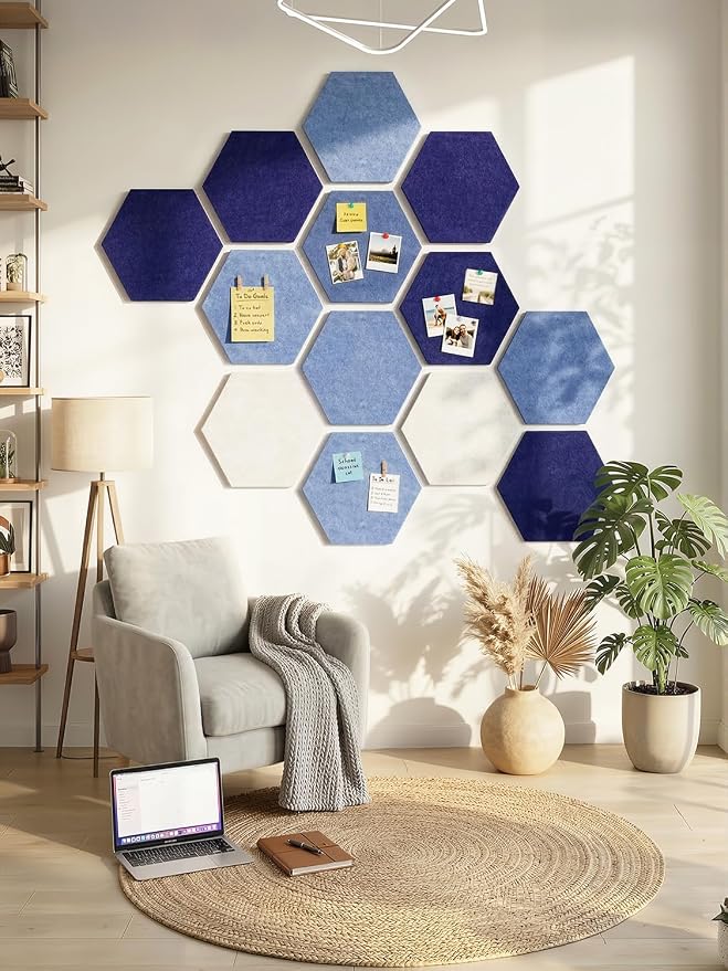 8-Pack Hexagon Felt Bulletin Board Tiles, Cork Board Alternative | For students and teachers creating vision boards in homes, offices, dorms or classrooms; includes 40 tabs and 30 push pins