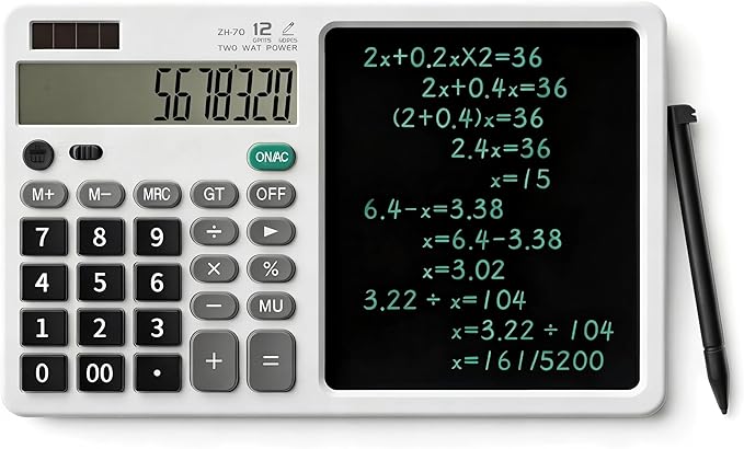 Desk Calculator with Erasable Writing Pad, 12-Digit Wide Screen Display, 100,000+ Reusable LCD Notepad, One-Click Clear & Lock Function, Solar and Battery Dual Power for Office,School,Business (White)