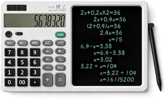 Desk Calculator with Erasable Writing Pad, 12-Digit Wide Screen Display, 100,000+ Reusable LCD Notepad, One-Click Clear & Lock Function, Solar and Battery Dual Power for Office,School,Business (White)