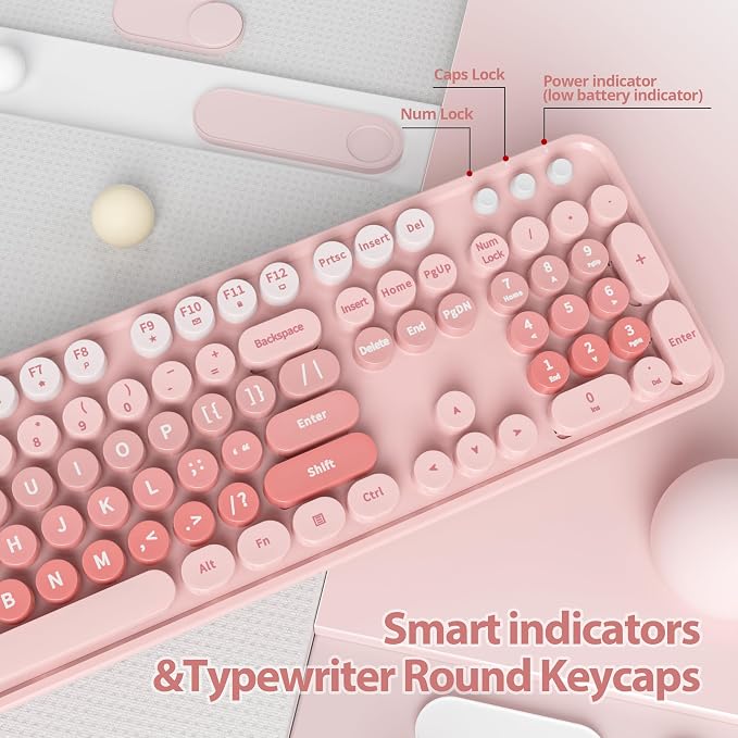 Wireless Keyboard Mouse, SbocKeeb Retro Typewriter Cute Keyboard Pink | 1600DPI Full Size With Number Pad & Mouse,Compatible With All Windows,Ideal For Computer, PC, Notebook, Laptop