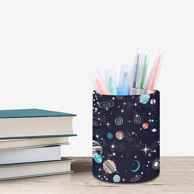 Galaxy Space Planets Pen Holder Pencil Cup for Desk Organizer | Cute Makeup Brush Holder PU Multifunctional Office Suppliesfor Decor Home Classroom School