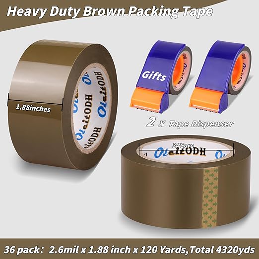 36 Rolls Brown Packing Tape with Dispenser, 1.88" X 120 yd Shipping Tape Bulk, Total 4320 yards, 2.6 mil, 3" Core, Tan Packing Tape Refills, Carton Sealing Tape for Moving Boxes, Package, Mailing