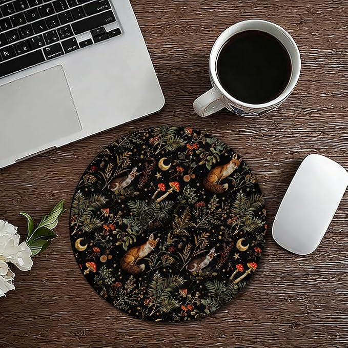 Witchy Dark Cottagecore Round Mouse Pad, Gothic Forest Animal Fox Bunny Botanical Mushroom Mousepad Mat for Home Office Computer Laptop Desk Accessories 7.9x7.9 in