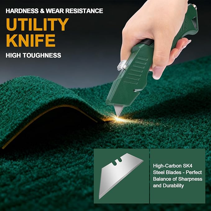 Heavy Duty Utility Knife Retractable, All Metal Body Construction with Non-Slip Grip, Quick Change Blade, for Drywall, Carpet, Cardboard Boxes