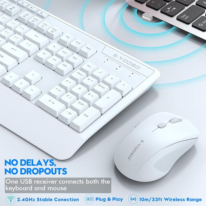 Wireless Keyboard and Mouse Combo, Full Size Ergonomic with Wrist Rest | 2.4GHz USB Receiver, 3 DPI Adjustable 6-Button Cordless Mouse for Computer, Laptop, PC, Windows