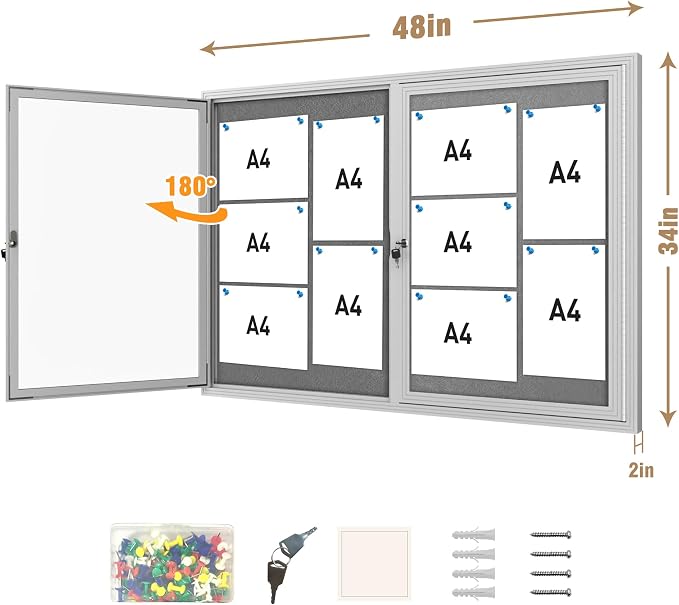 Mifuro 48"x34" Enclosed Bulletin Board, Outdoor Lockable Weather-Resistant Aluminum Cork Noticeboard for School & Office, Silver Frame w/Grey Flet