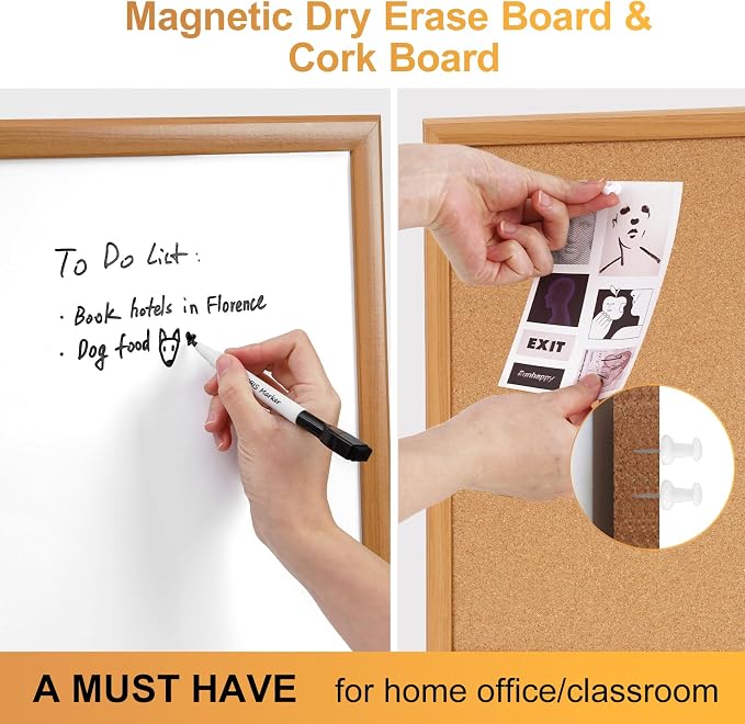 Cork Board White Board Combo with MDF Wood Frame | 24 x 18 Inch Bulletin Board, Magnetic Dry Erase Board & Corkboard for Wall, Vision Board for Home, Office, School