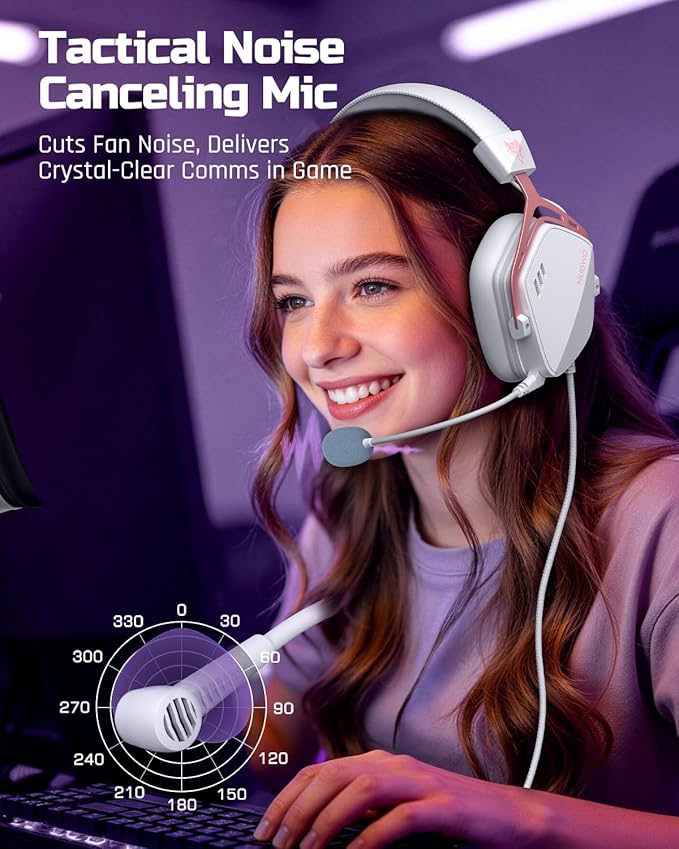 NUBWO HG03 USB-A Gaming Headset with 7.1 Surround and FPS Sound, Wired Headphones with Noise Canceling Mic, Comfortable Design for PC, Laptop - White Pink
