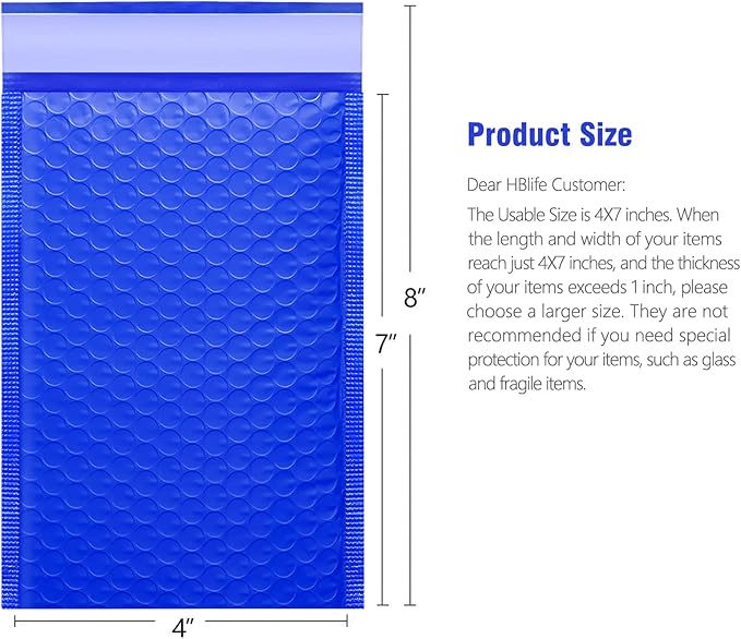 HBlife 50Pcs Bubble Mailers, 4x8 Inches Self Seal Blue Poly Mailers, Padded Envelopes Shipping Bags Packaging for Small Business