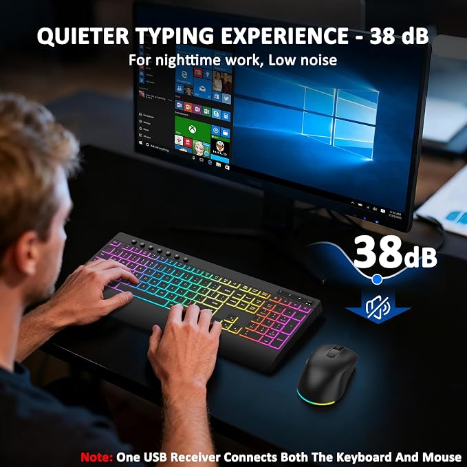 Wireless Keyboard and Mouse Combo, 9 Backlit Effects, 4000mAh Rechargeable Backlit Keyboard with Wrist Rest, 6 Button Mouse, 2.4G Full Size Quiet Keyboard Set for Computer, PC, Laptop, Mac, Windows